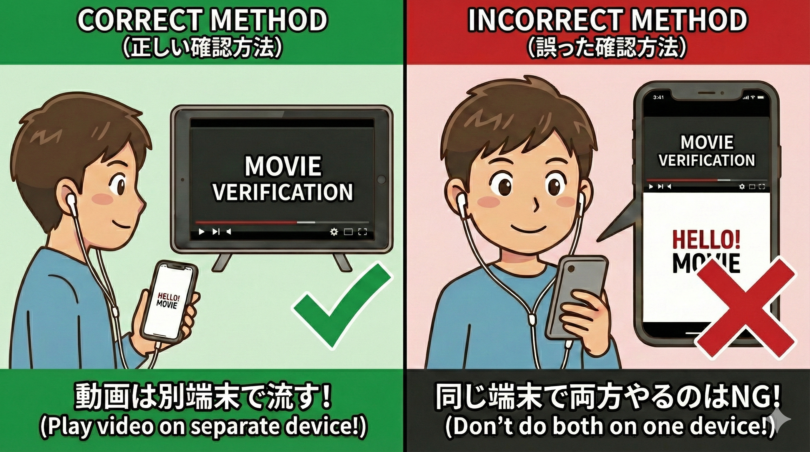 Correct method: Play video on separate device. Incorrect method: Don't do both on one device