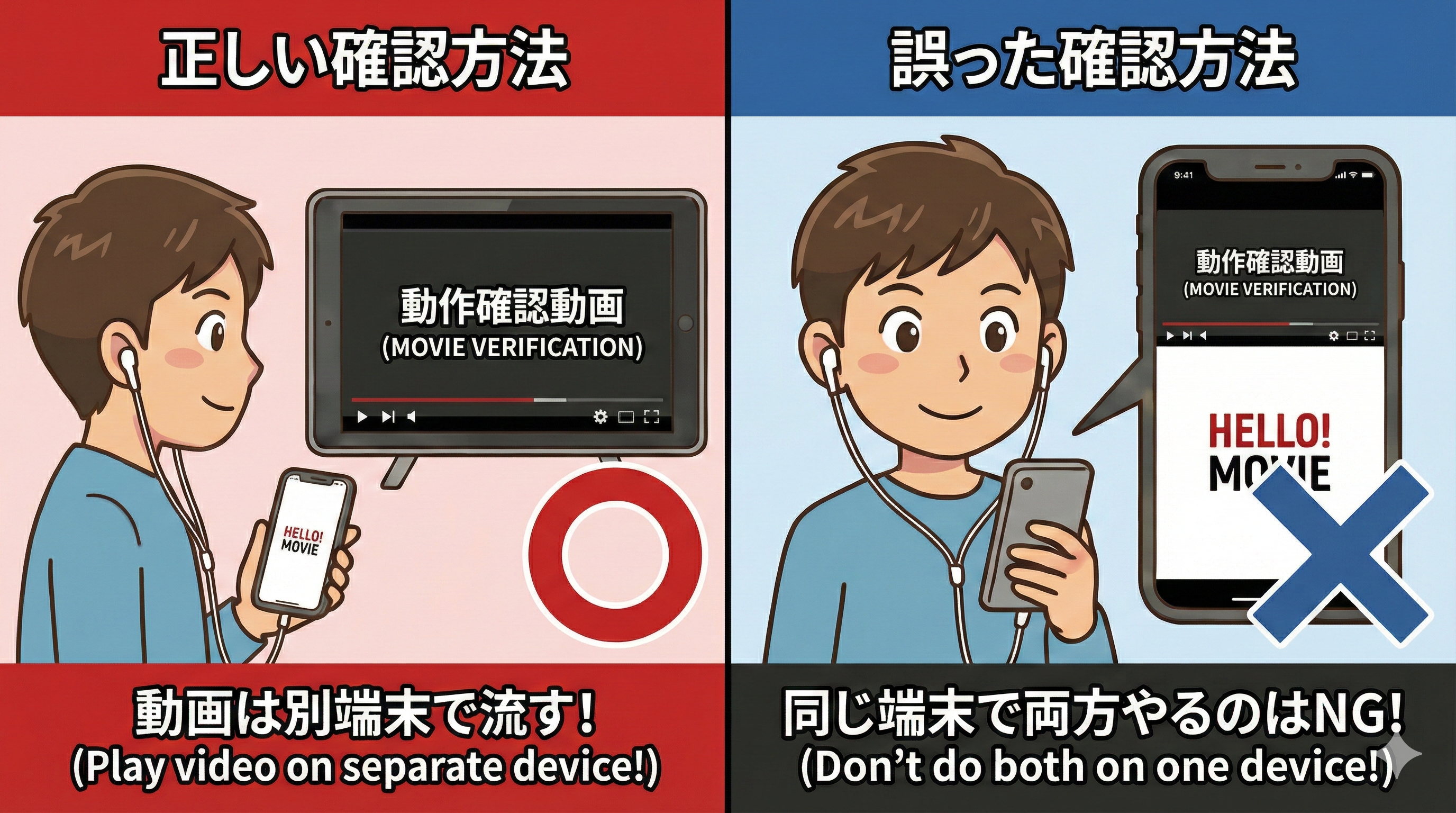 正しい確認方法：動画は別端末で流す。誤った確認方法：同じ端末で両方やるのはNG